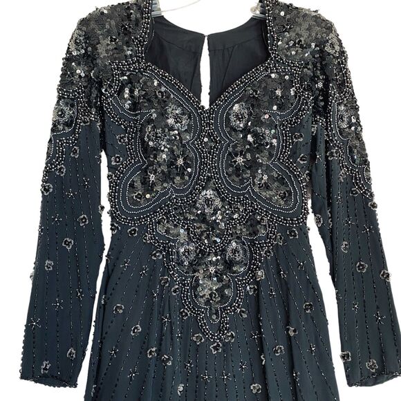 Vintage Demetrios Design Maxi Dress S Black Silk Beaded Burleskque Fairy Glam - Picture 3 of 12